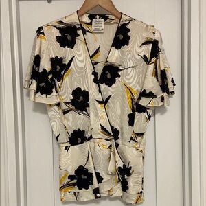 Vintage 100% Silk Floral Print Beaded Peplum Wrap Top